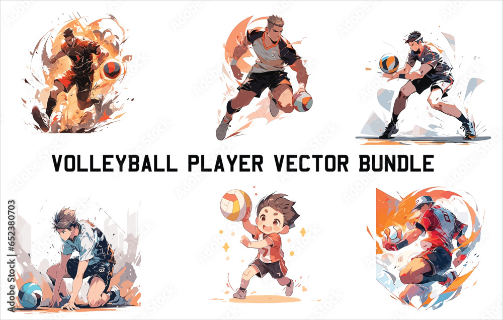 volleyball player vector bundle, female volleyball player ,Volleyball players in different action poses, Action moves in volleyball set, Volley contemporary colorful vector illustration.
