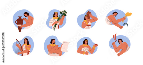 Ancient egypt society set with isolated characters, Egyptian culture, tradition, farming, agriculture education and art