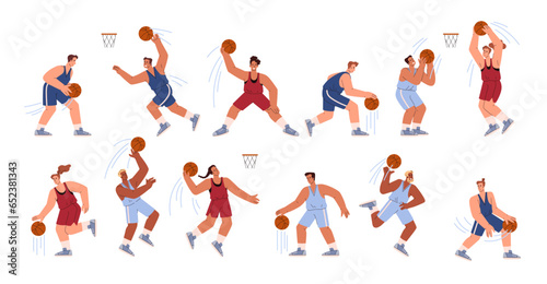 Basketball players  athletes with ball in different poses  handling  jumping  defense and offense  vector set sport game