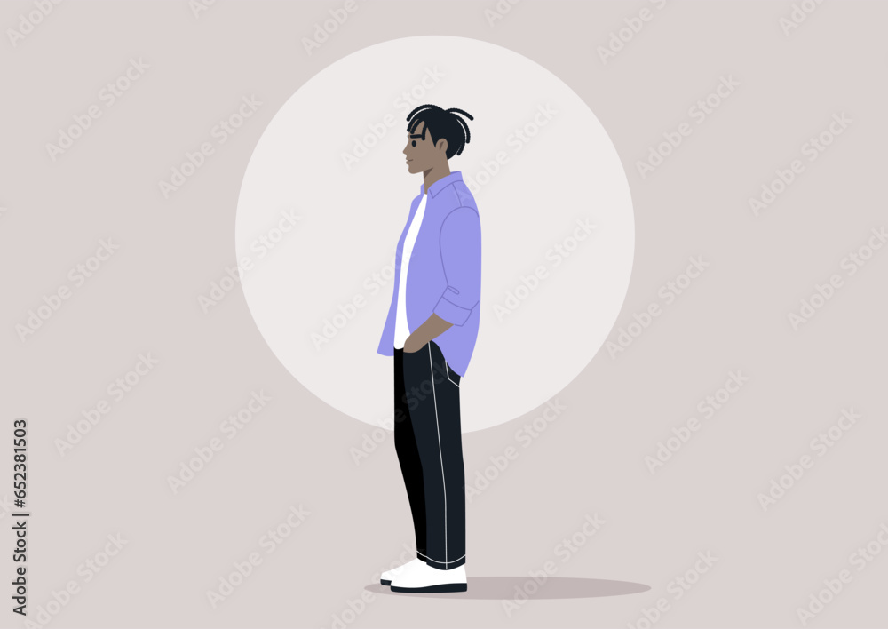 A confident character captured in a sideways pose, with their hands casually tucked into pants pockets A confident character captured in a sideways pose, with their hands casually tucked into pants pockets