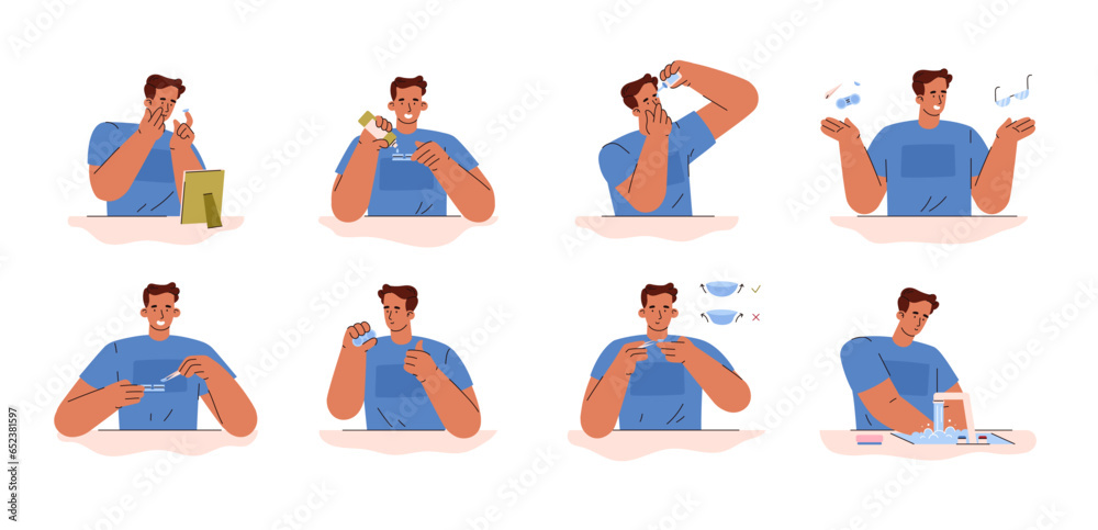 Set of smiling boy in different poses with contact lenses flat style Set of smiling boy in different poses with contact lenses flat style