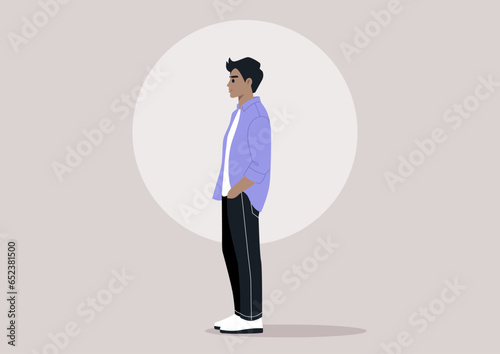 A confident character captured in a sideways pose, with their hands casually tucked into pants pockets