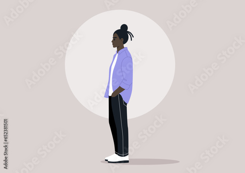 A confident character captured in a sideways pose, with their hands casually tucked into pants pockets