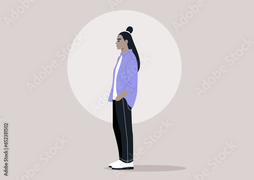 A confident character captured in a sideways pose, with their hands casually tucked into pants pockets