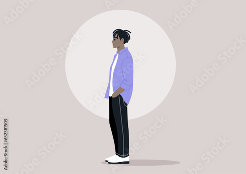 A confident character captured in a sideways pose, with their hands casually tucked into pants pockets
