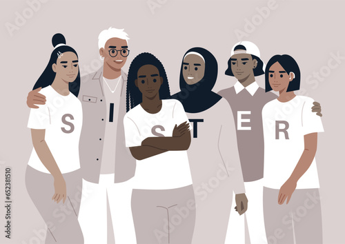 A diverse group of women stands united, offering mutual support and warm embraces, with the word Sister displayed on their shirts, each letter standing on its own