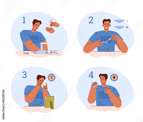 Contact lenses insertion instruction, flat vector illustration isolated on white background.