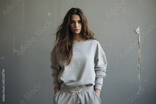 young woman wearing greay sweatpants and sweatshirt  - fashion shoot (Generative AI) photo