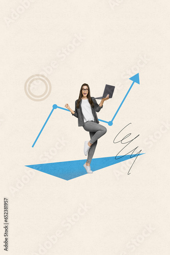 Photo collage of happy cheerful lady rejoice celebrate successful deal increasing income profit isolated on drawing white color background