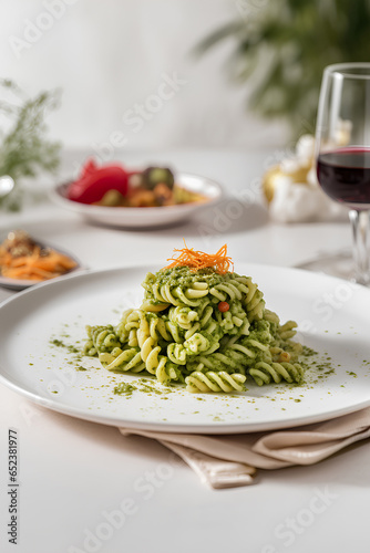 Fusilli pasta with pesto on a plate. Traditional Italian pasta. Italian food.