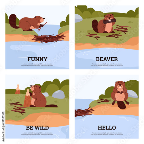 Funny beavers building dam, posters set for kids, cartoon flat vector illustration.