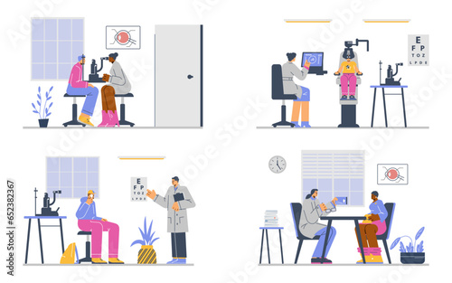 Set of eye examinations in ophthalmologist office, flat vector illustration isolated on white background.