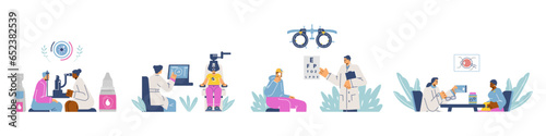 Set of ophthalmologists helping patients flat style, vector illustration