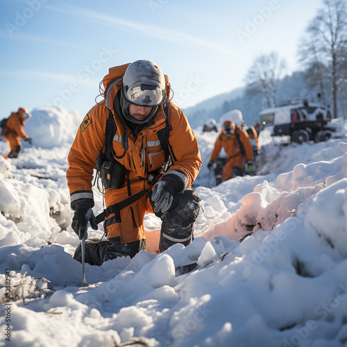 Helpers use evacuation aids to search for people buried in an avalanche, ai regerated photo