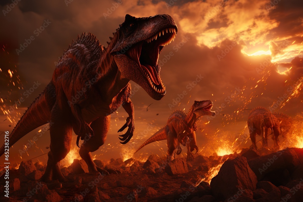 Naklejka premium Dinosaurs in their prime, their lives hanging in the balance as a fiery meteor approaches their ancient domain
