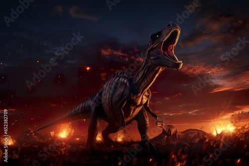 Dinosaurs in their prime, their lives hanging in the balance as a fiery meteor approaches their ancient domain © JetHuynh