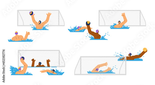 Set of water polo match scenes, flat vector illustration isolated on white background.