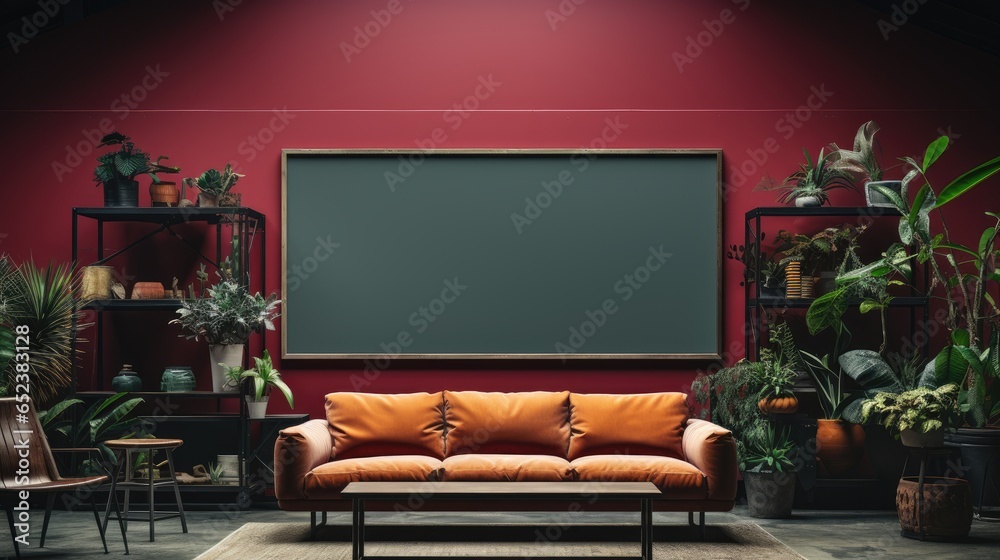 Frame mock up in Guest Room Industrial-Chic in Red Color, Mockups Design 3D, HD