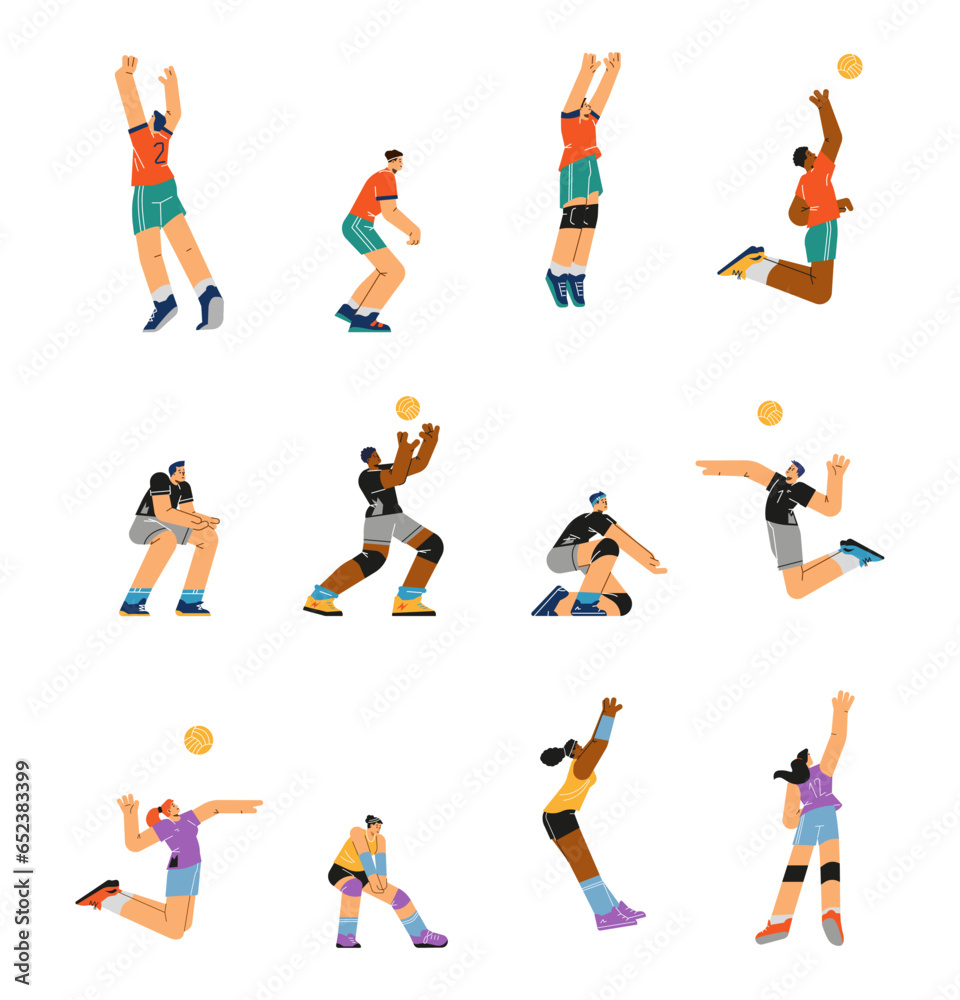 Set of people volleyball players in different poses flat style, vector illustration