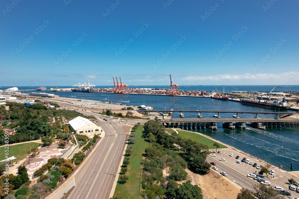 View of the Fremantle shipping port at the mouth of the Swan River in Western Australia