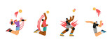 Volleyball players in different poses, athlete raised hands up, jump to catch the ball, vector set with red motion lines