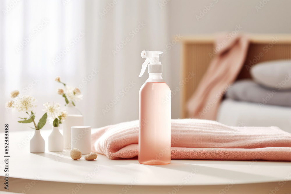 Linen and room spray air freshener in an eco-friendly bottle, designed for a clean and fresh living space. On a modern, minimalist bedroom background. Concept of fragrance of wellness and cleanliness - obrazy, fototapety, plakaty 