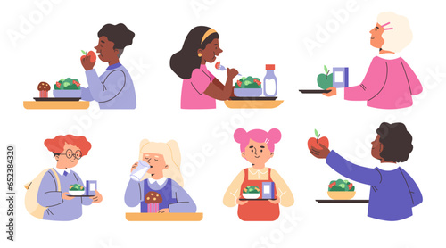 Set of diverse children having lunch in school cafeteria, flat vector illustration isolated on white background.