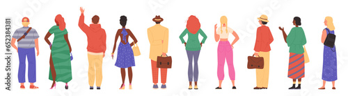 Men and women view from back, vector isolated set standing people wearing casual clothes character flat illustrations