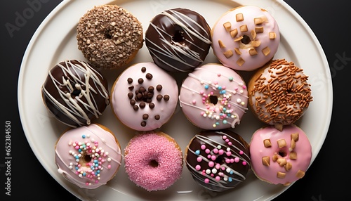 From above an assortment of coloured iced doughnuts 