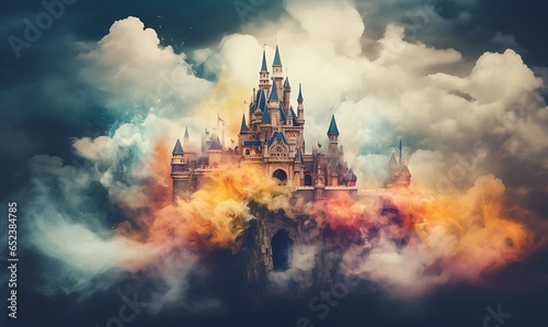 vintage castle with smoke colorful background