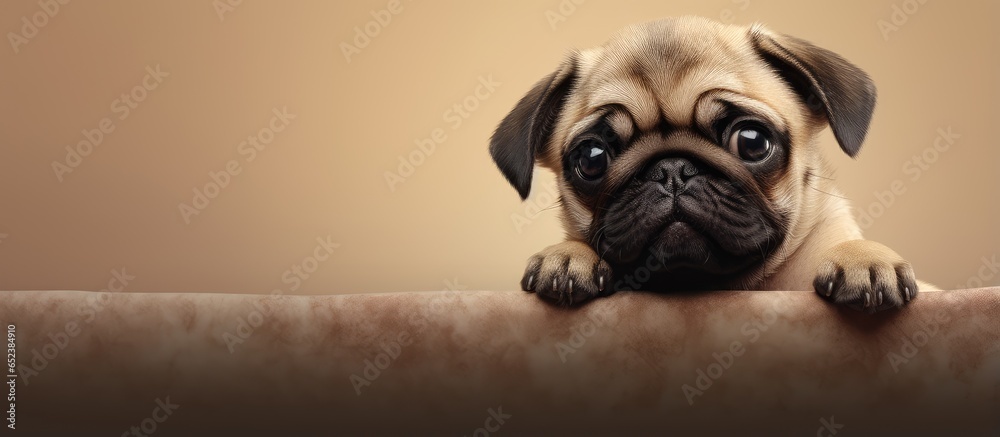 Black fawn puppy pug isolated pastel background Copy space
