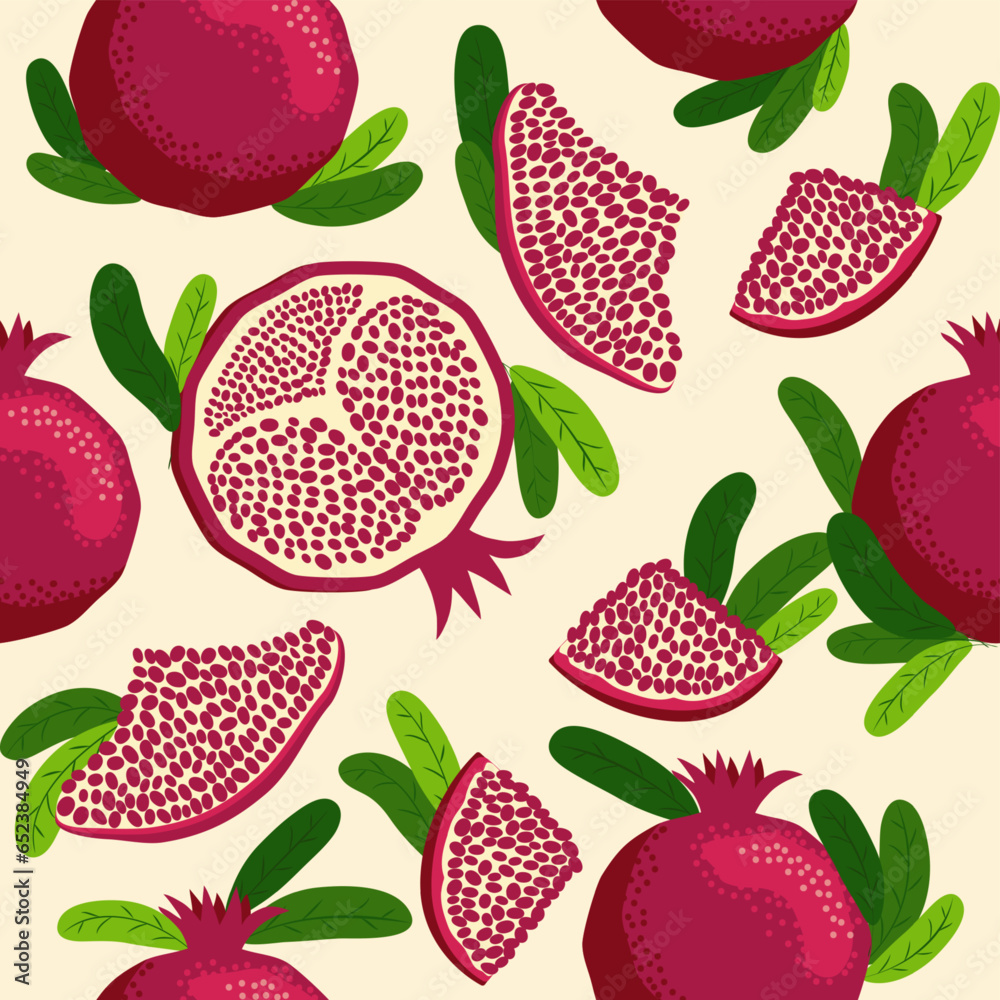 Pomegranate fruit seamless pattern. Bright leaves and fruits, seeds and lobules. Shana Tova seamless pattern Pomegranate fruit seamless pattern. Bright leaves and fruits, seeds and lobules. Shana Tova seamless pattern