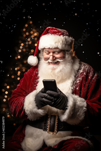 Santa Claus (Papá Noel) looks with amazement at the smartphone he holds in his hand. Christmas, gifts and communication. Vertical photo with copy space.