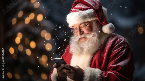 Santa Claus looking at his cell phone and sending messages, in a snowy Christmas setting.
