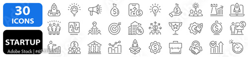 Startup 30 icon set. Creative, idea, target, innovation, business plan, investment, launch, funding, investor, business, marketing and more. Vector illustration.