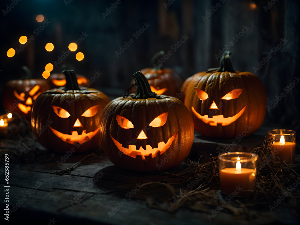 Halloween pumpkin head jack lantern with burning candles, Spooky Forest with a full moonlight and wooden table, Pumpkins In Graveyard In The Spooky Night - Halloween Backdrop.Generative Ai Halloween pumpkin head jack lantern with burning candles, Spooky Forest with a full moonlight and wooden table, Pumpkins In Graveyard In The Spooky Night - Halloween Backdrop.Generative Ai