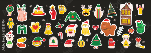 Cute Christmas stickers. Collection of Christmas decorations, holiday gifts, cats, trees and gifts. Vector illustration, sticker collection design and element for Christmas and New Year.