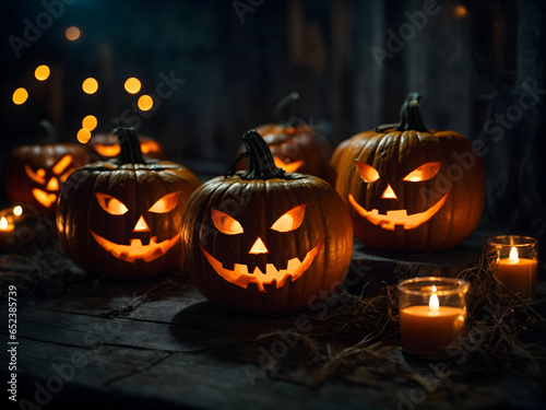 Halloween pumpkin head jack lantern with burning candles, Spooky Forest with a full moonlight and wooden table, Pumpkins In Graveyard In The Spooky Night - Halloween Backdrop.Generative Ai