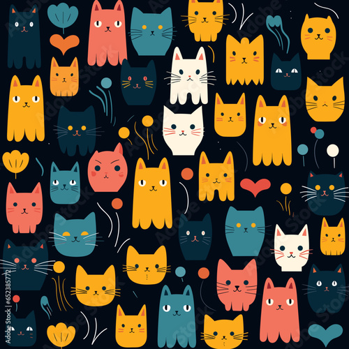 Cartoon cats pattern, background, hand-drawn cartoon flat art Illustrations in minimalist vector style
