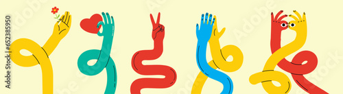 Cartoon hands abstract drawn comic. Set of Hand multicolored different signs and symbols. Drawing style Sticker decals. Retro Y2K. Vector illustration