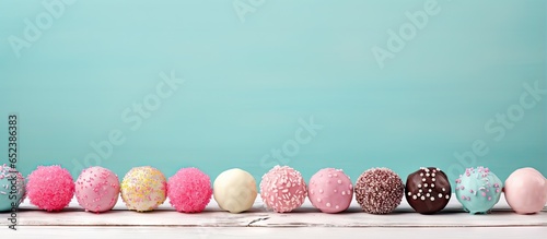 Cake pops sitting alone on the table isolated pastel background Copy space