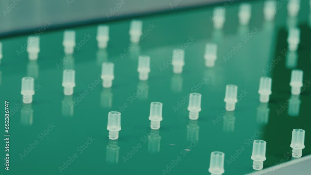 Manufacturing Facility for the Safeguarding Syringe Caps Medical Equipment Production. High-Quality Protective Covers. Technology and Medical Equipment Concept. Manufacturing Facility for the Safeguarding Syringe Caps Medical Equipment Production. High-Quality Protective Covers. Technology and Medical Equipment Concept.
