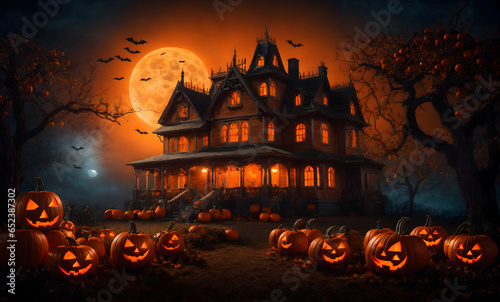 Halloween pumpkin head jack lantern with burning candles, Spooky Forest with a full moonlight and wooden table, Pumpkins In Graveyard In The Spooky Night - Halloween Backdrop.Generative Ai
