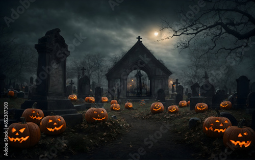 Halloween pumpkin head jack lantern with burning candles, Spooky Forest with a full moonlight and wooden table, Pumpkins In Graveyard In The Spooky Night - Halloween Backdrop.Generative Ai