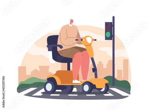 Elderly Gentleman Confidently Navigates His Motorized Wheelchair Scooter Across The Zebra Crossing, Vector Illustration