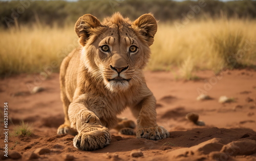 Young lion looking straight into the camera in the desert, ultra wide angle lens.Generative Ai
