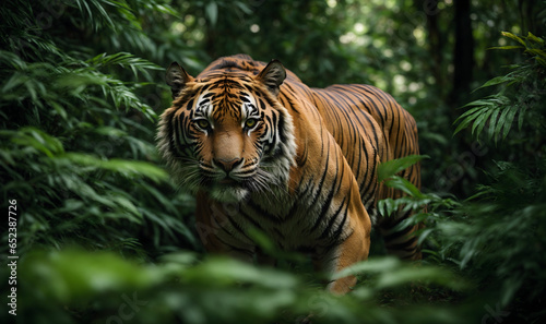 A majestic tiger prowling through the lush green jungle, its orange and black stripes camouflaging it against the dense foliage. Generative AI