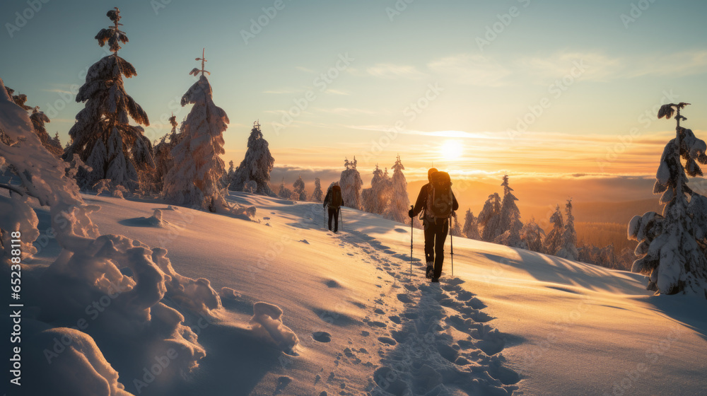 Hikers walk through the forest in winter - obrazy, fototapety, plakaty 
