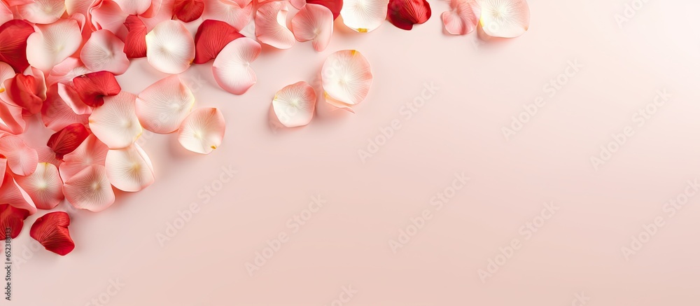 Rose petals in red and white cover the screen Valentines Day Postcard Calendar isolated pastel background Copy space isolated Rose petals in red and white cover the screen Valentines Day Postcard Calendar isolated pastel background Copy space isolated