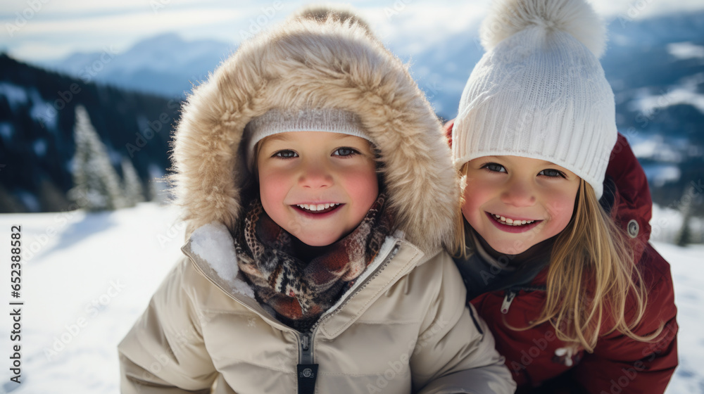 Children dressed warmly outside in the snow in winter Children dressed warmly outside in the snow in winter